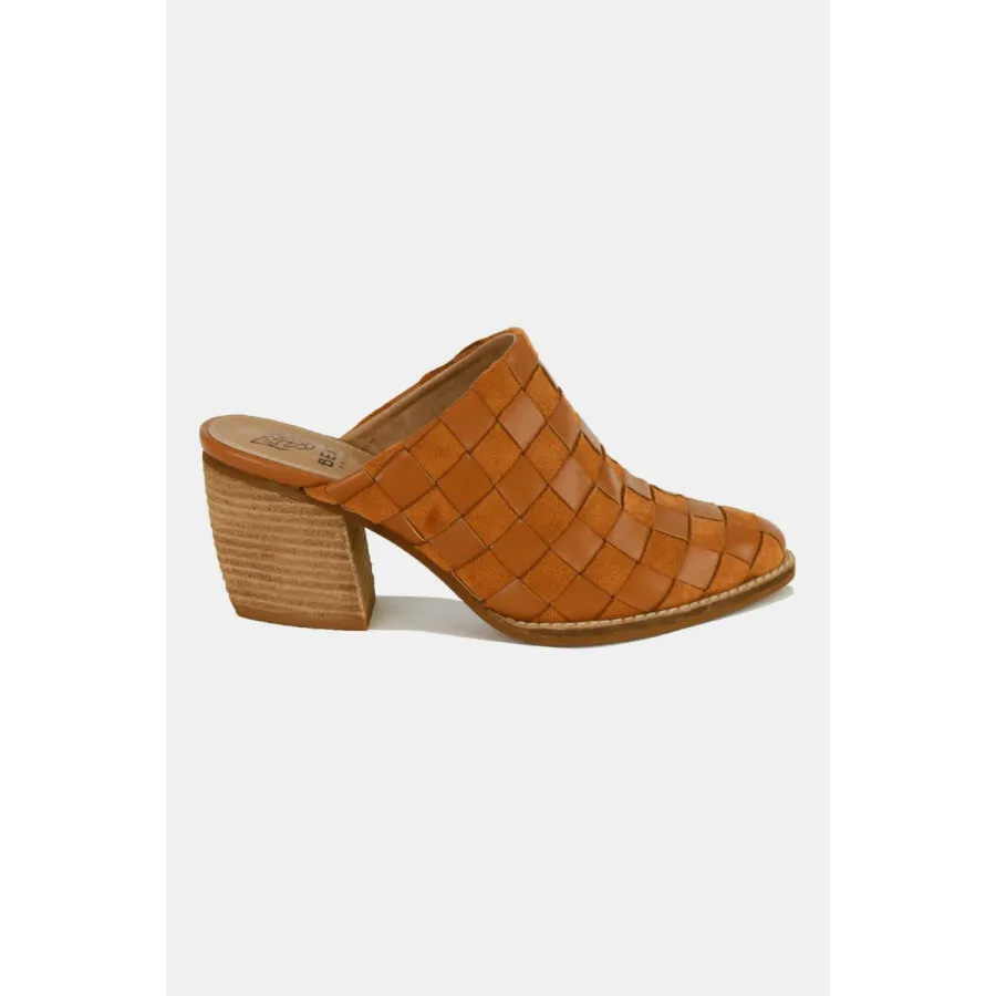 Beast Fashion Woven Checkerboard Block Heel Mule Shoes