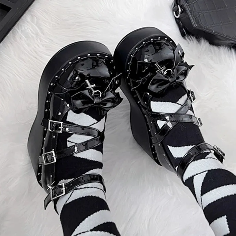 (BFM)Bondora~Devil Cross~Punk Lolita Shoes Cross High Platforms Shoes