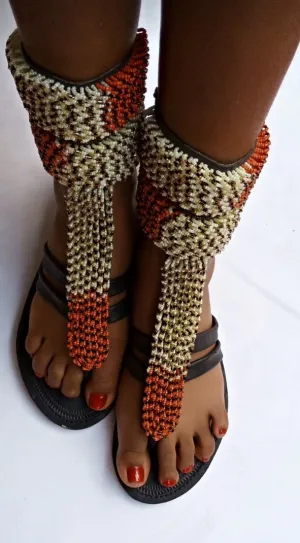 Brown and Gold beaded handmade leather gladiator sandals with free shipping from kenya