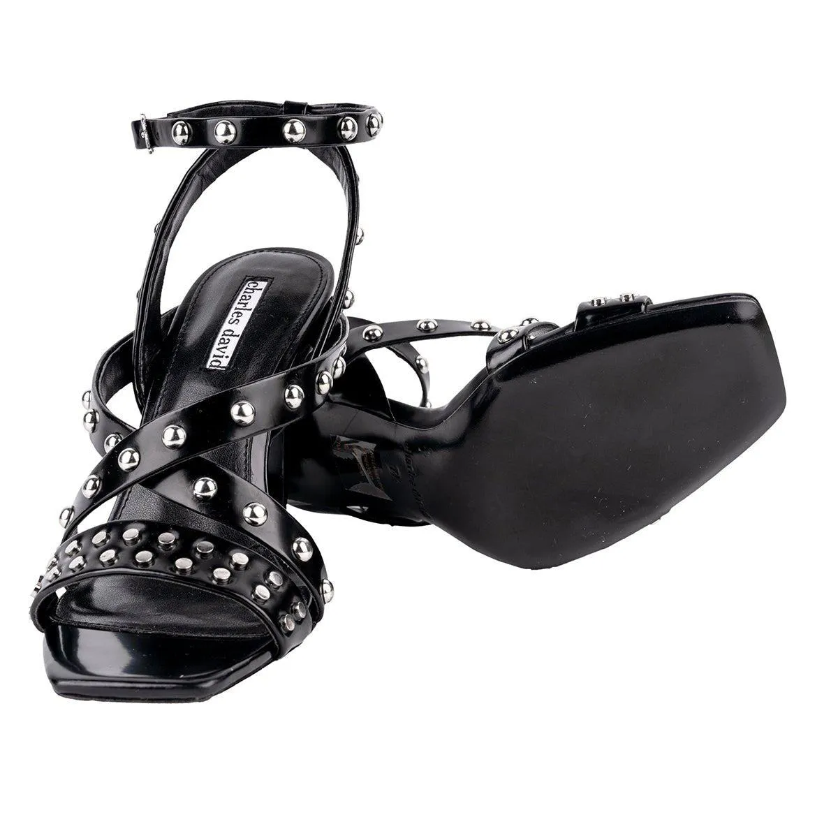 Charles David Studded Strap High-Heel Sandals Leather Black Colour For Women