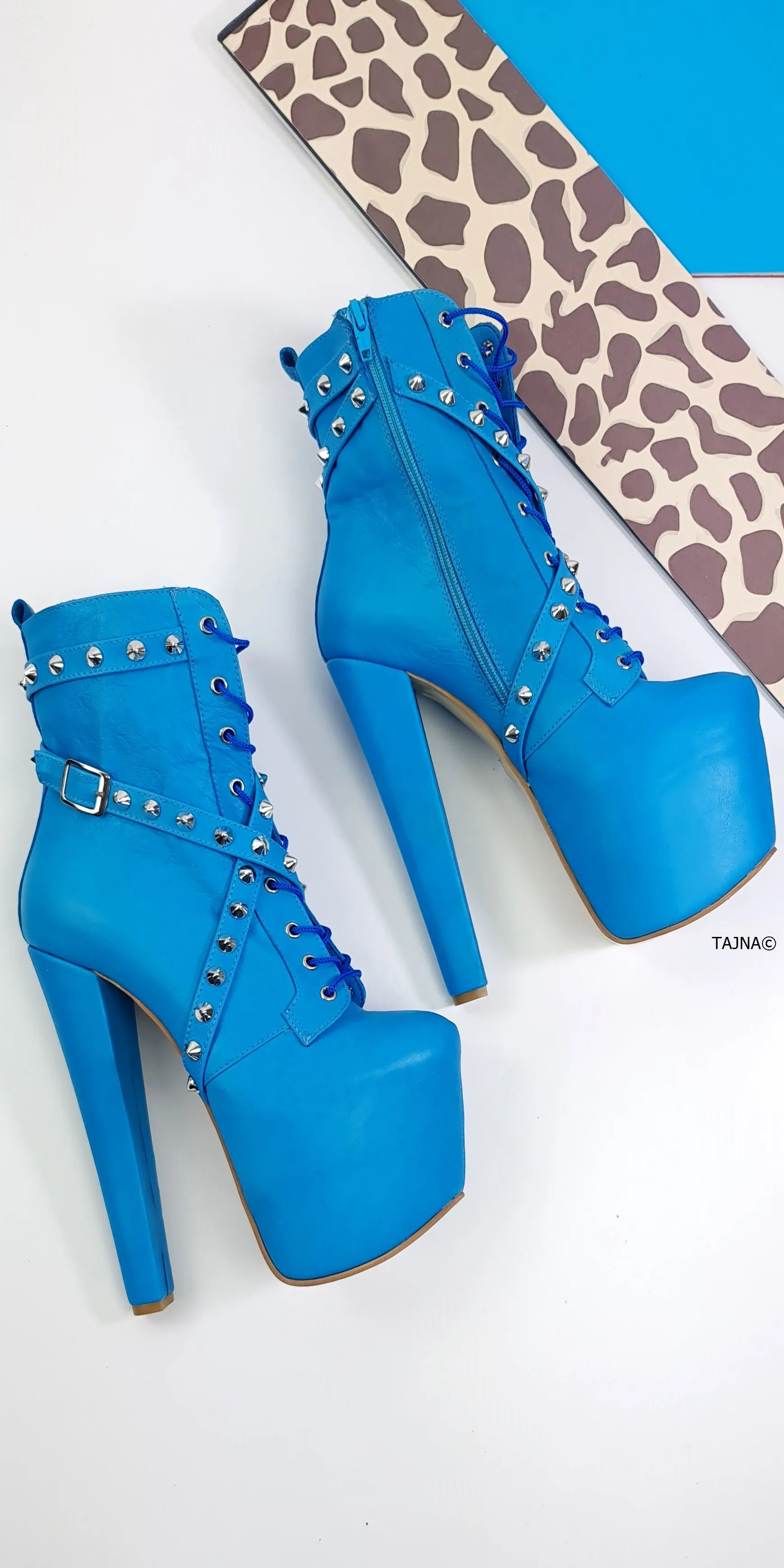 Doll Blue Spike Studs High Heel Rocker Boots