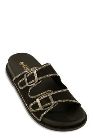 Double Buckle Band Studded Trim Slide Sandals