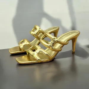 EXPRESS TEXTURED LEATHER LOW HEEL MULE IN GOLD