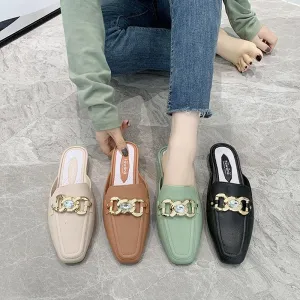 Finn Chain Pointed Toe Mule Man Toe Cap Semi Slipper PVC Plastic Imitation Leather Women's Shoes