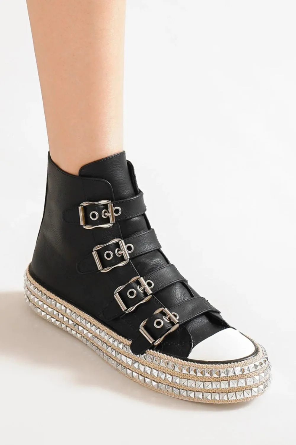 Multi-Buckle Straps Studded Platform Sneakers