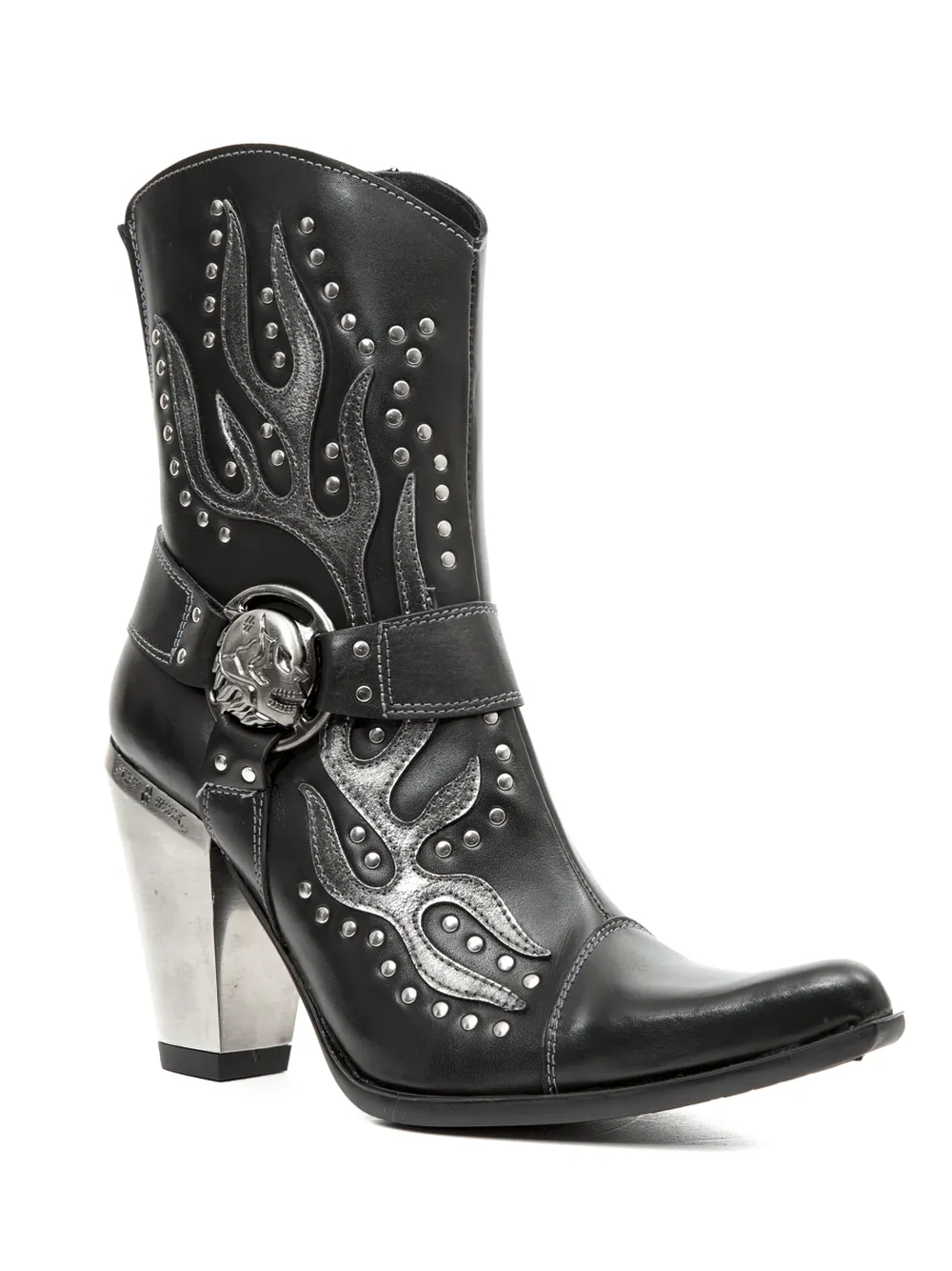 NEW ROCK Studded Black Western Ankle Boots with Buckle