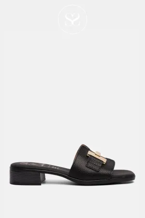 OH MY SANDALS 5605 BLACK LEATHER HEELED SLIDER SANDALS