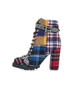 "Lilith- 2" Lace Up Plaid Bootie