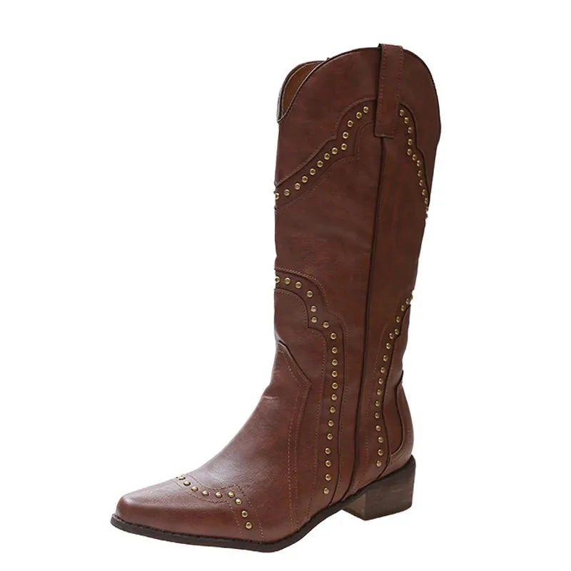 Sohiwoo Studded Boots Women  Low Heel Cowboy Chelsea Western Short Leather Knee High Luxury Designer Gothic New Rock Shoes Vintage