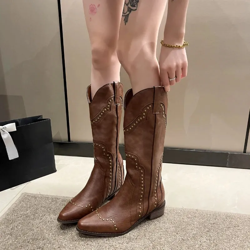 Sohiwoo Studded Boots Women  Low Heel Cowboy Chelsea Western Short Leather Knee High Luxury Designer Gothic New Rock Shoes Vintage