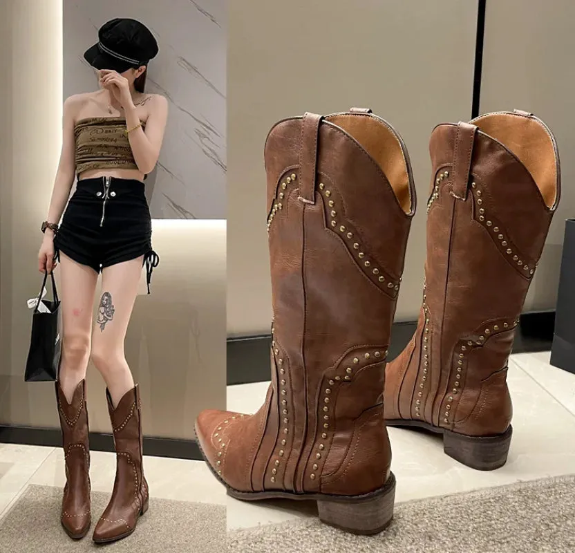 Sohiwoo Studded Boots Women  Low Heel Cowboy Chelsea Western Short Leather Knee High Luxury Designer Gothic New Rock Shoes Vintage