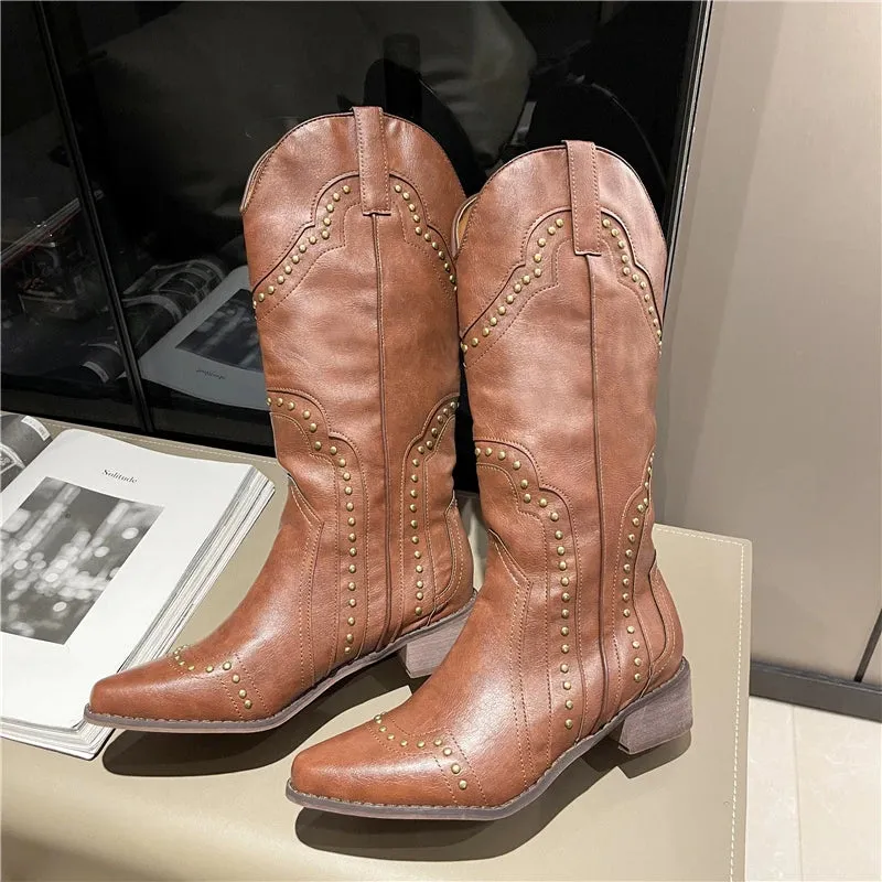 Sohiwoo Studded Boots Women  Low Heel Cowboy Chelsea Western Short Leather Knee High Luxury Designer Gothic New Rock Shoes Vintage
