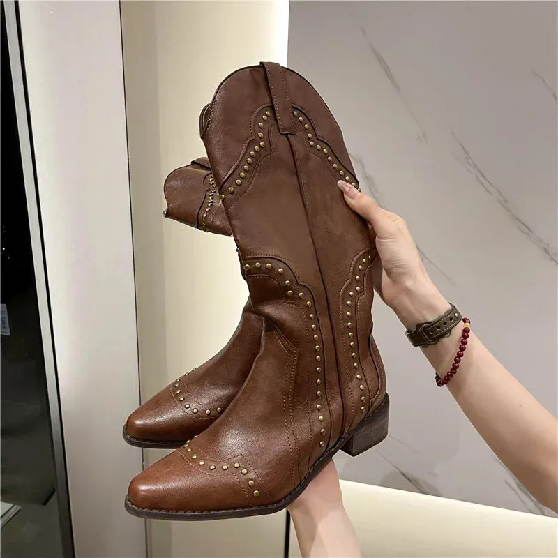 Sohiwoo Studded Boots Women  Low Heel Cowboy Chelsea Western Short Leather Knee High Luxury Designer Gothic New Rock Shoes Vintage