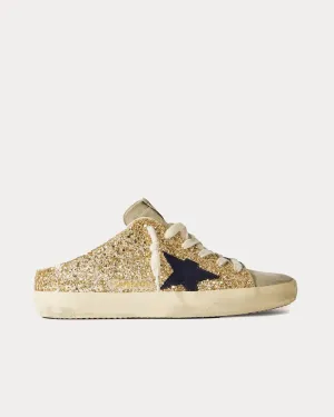 Super-Star Distressed Leather-Trimmed Glittered Suede Gold Sabots