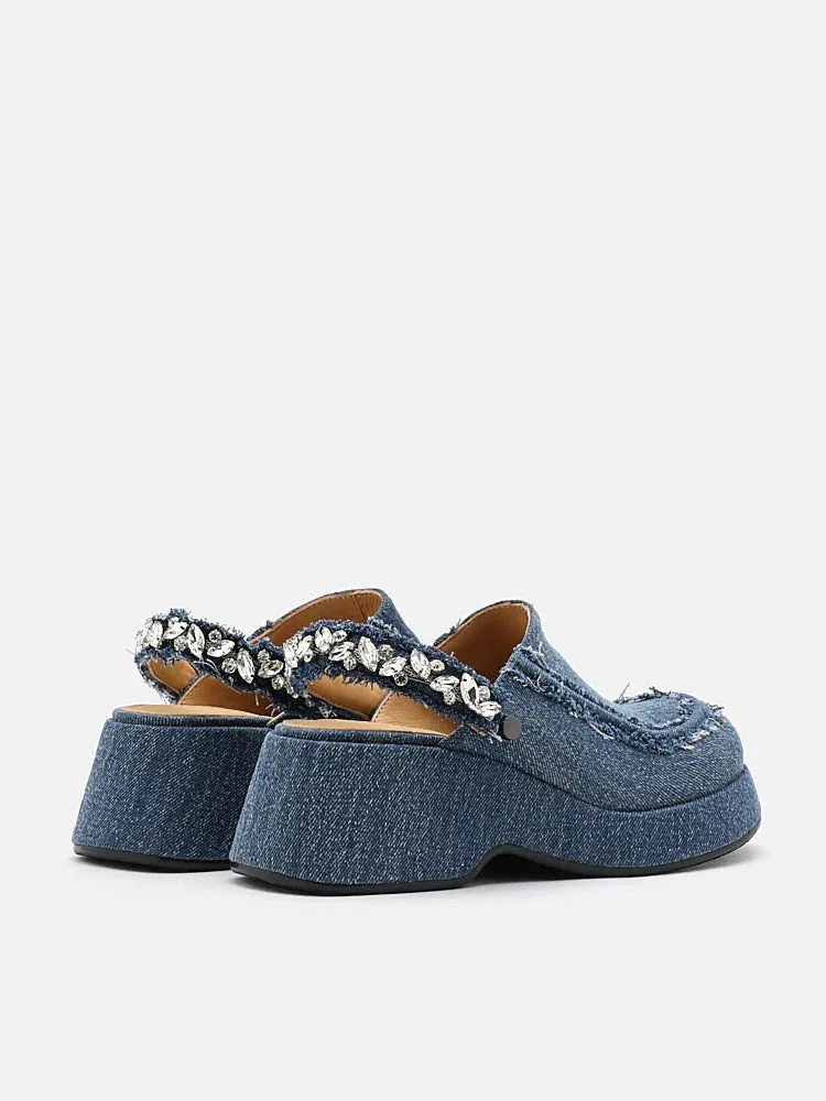 Tara Diamante Denim Platform Mules