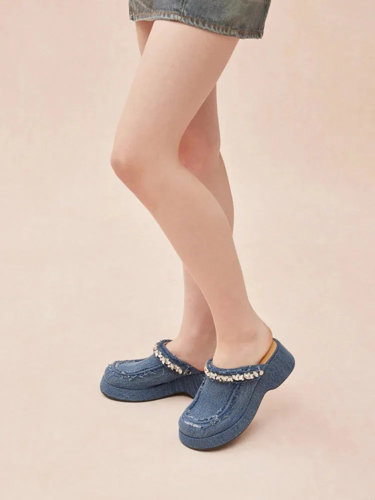 Tara Diamante Denim Platform Mules