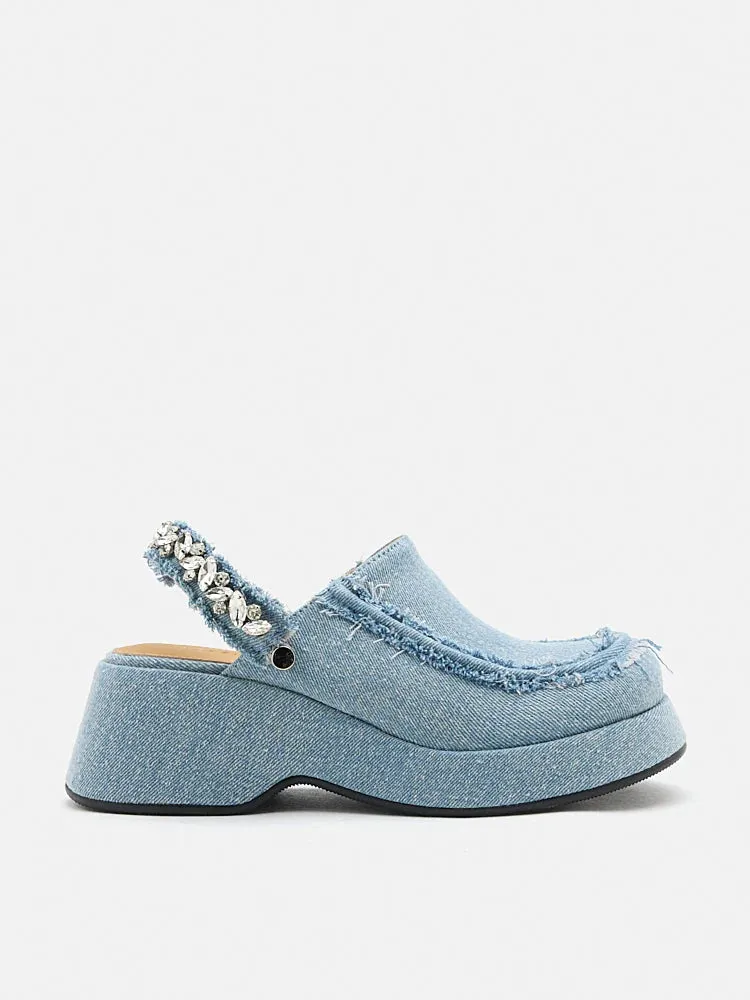 Tara Diamante Denim Platform Mules