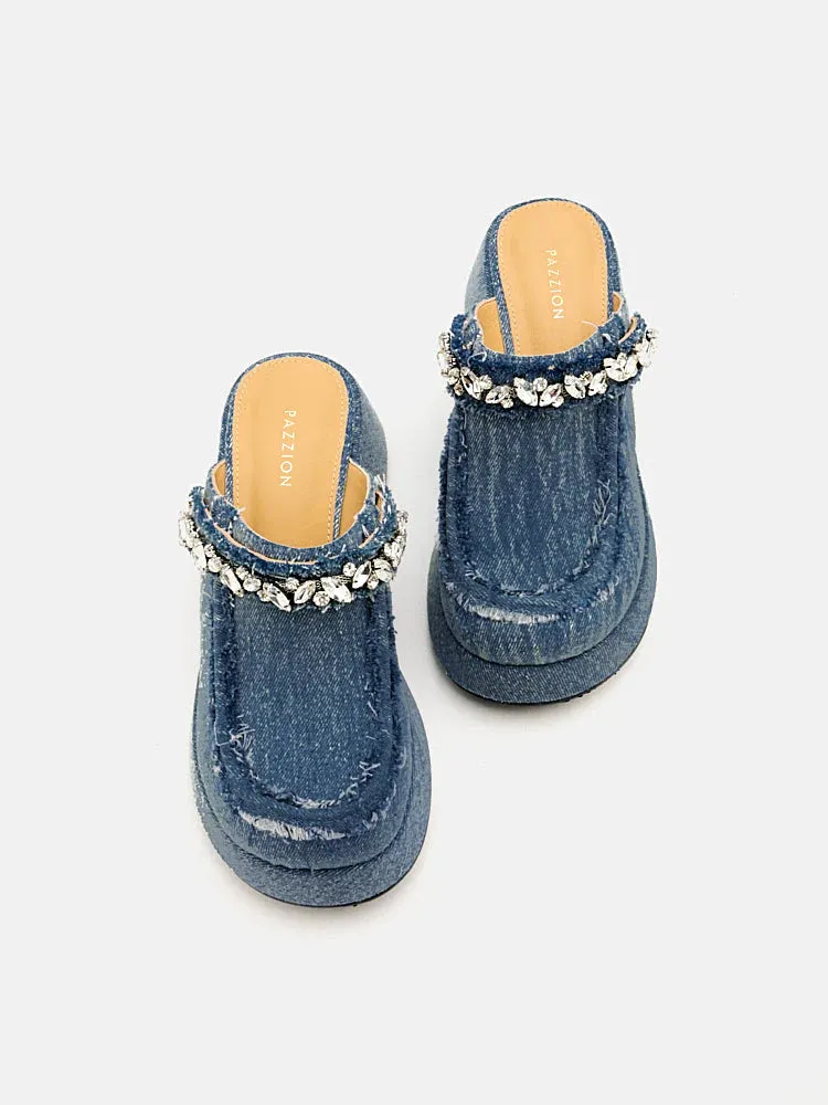 Tara Diamante Denim Platform Mules