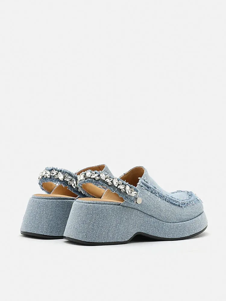 Tara Diamante Denim Platform Mules
