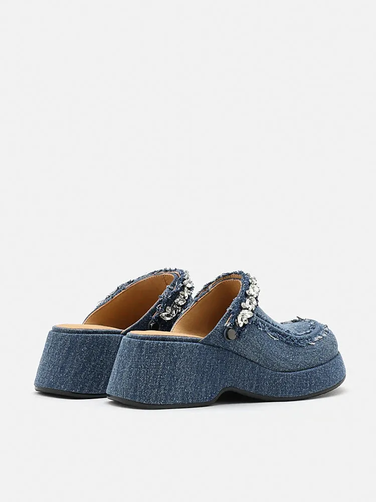 Tara Diamante Denim Platform Mules