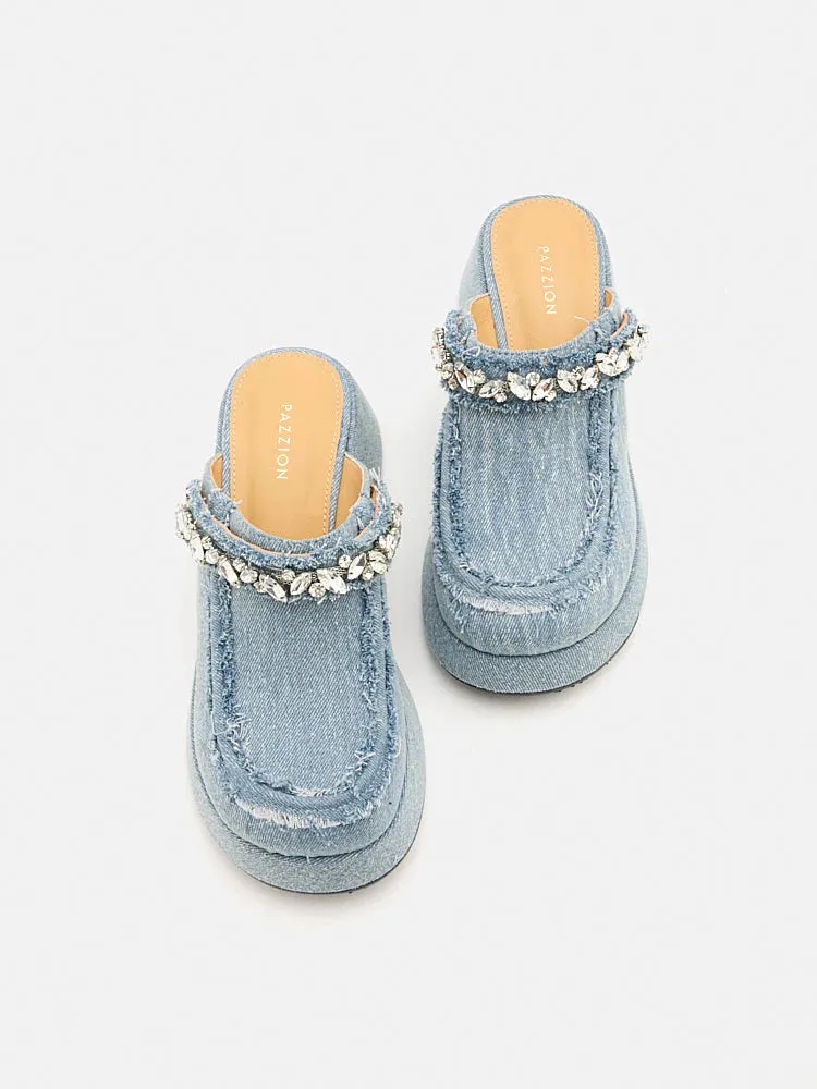 Tara Diamante Denim Platform Mules