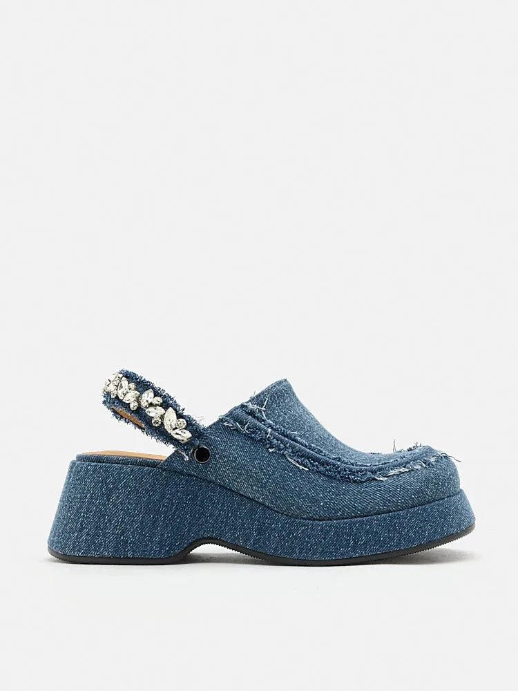 Tara Diamante Denim Platform Mules