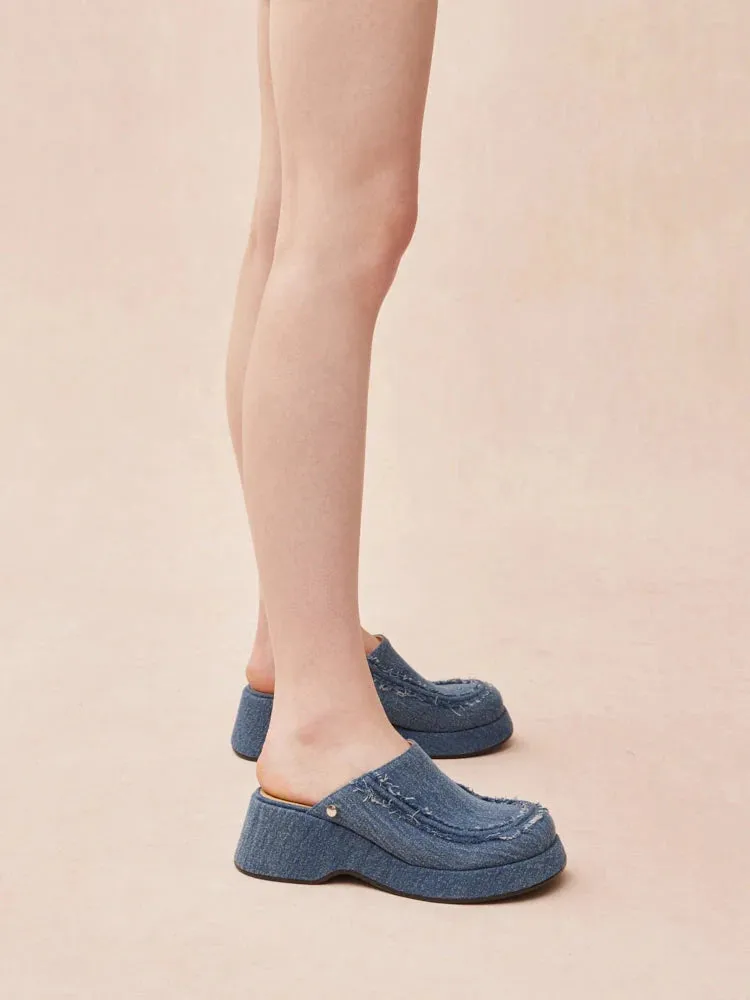 Tara Diamante Denim Platform Mules