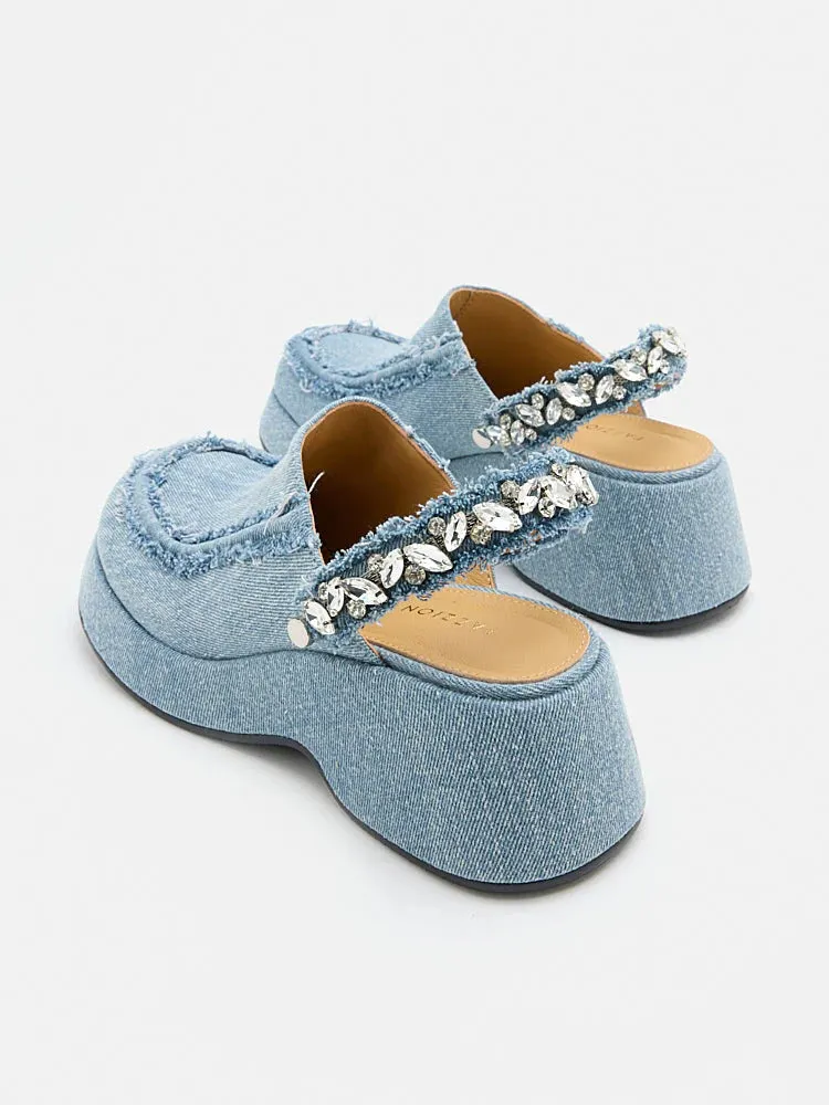 Tara Diamante Denim Platform Mules