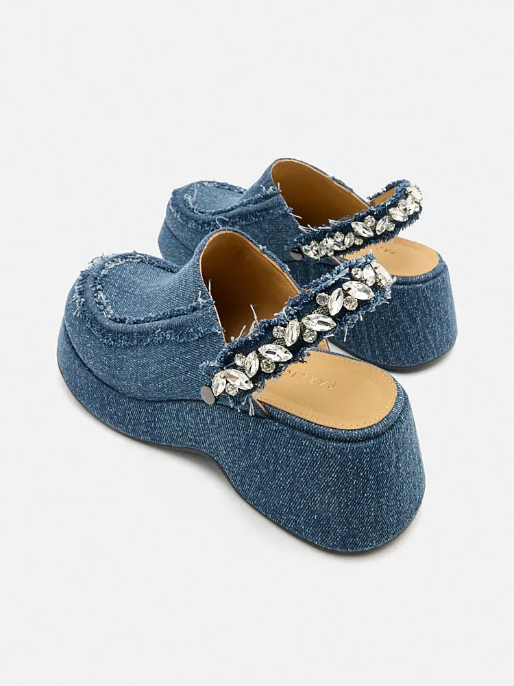 Tara Diamante Denim Platform Mules