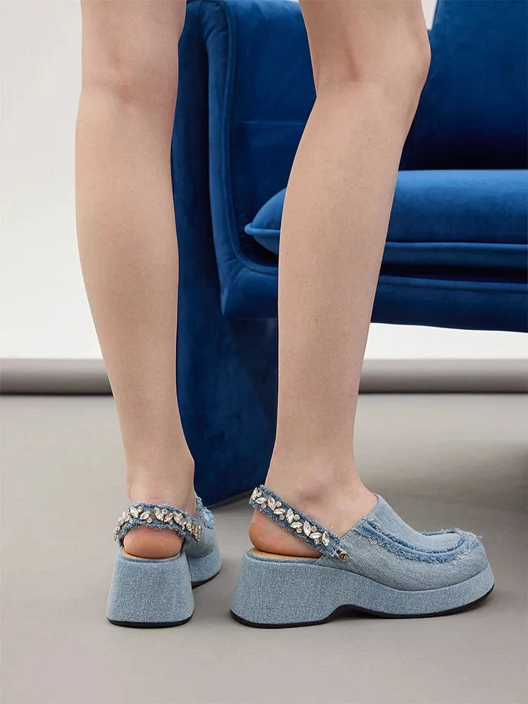 Tara Diamante Denim Platform Mules