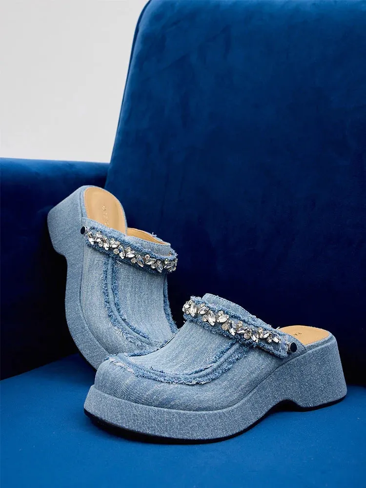 Tara Diamante Denim Platform Mules
