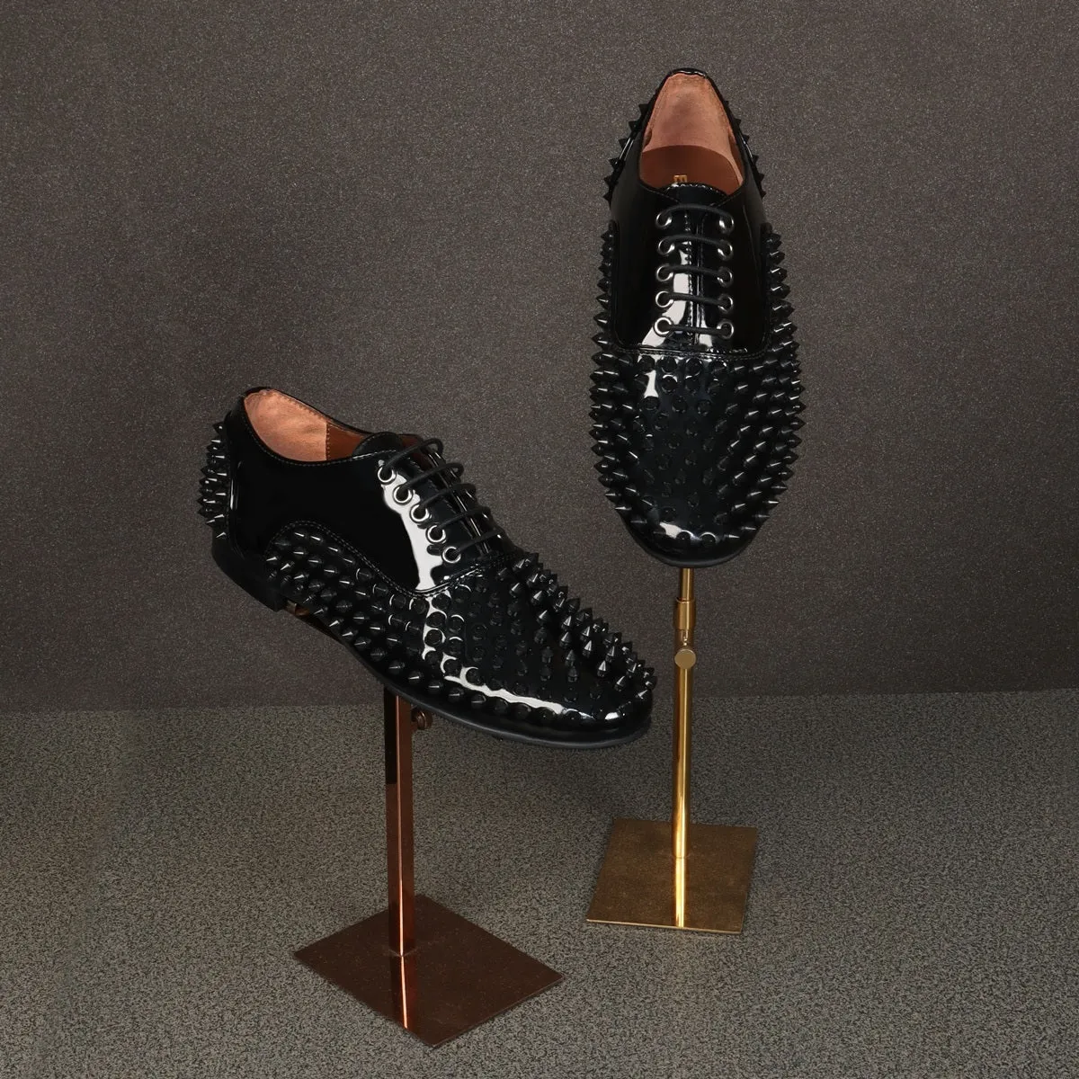 Toe And Counter Black Studded Patent Oxford Leather Lace-Up's Shoes For Men by Brune & Bareskin