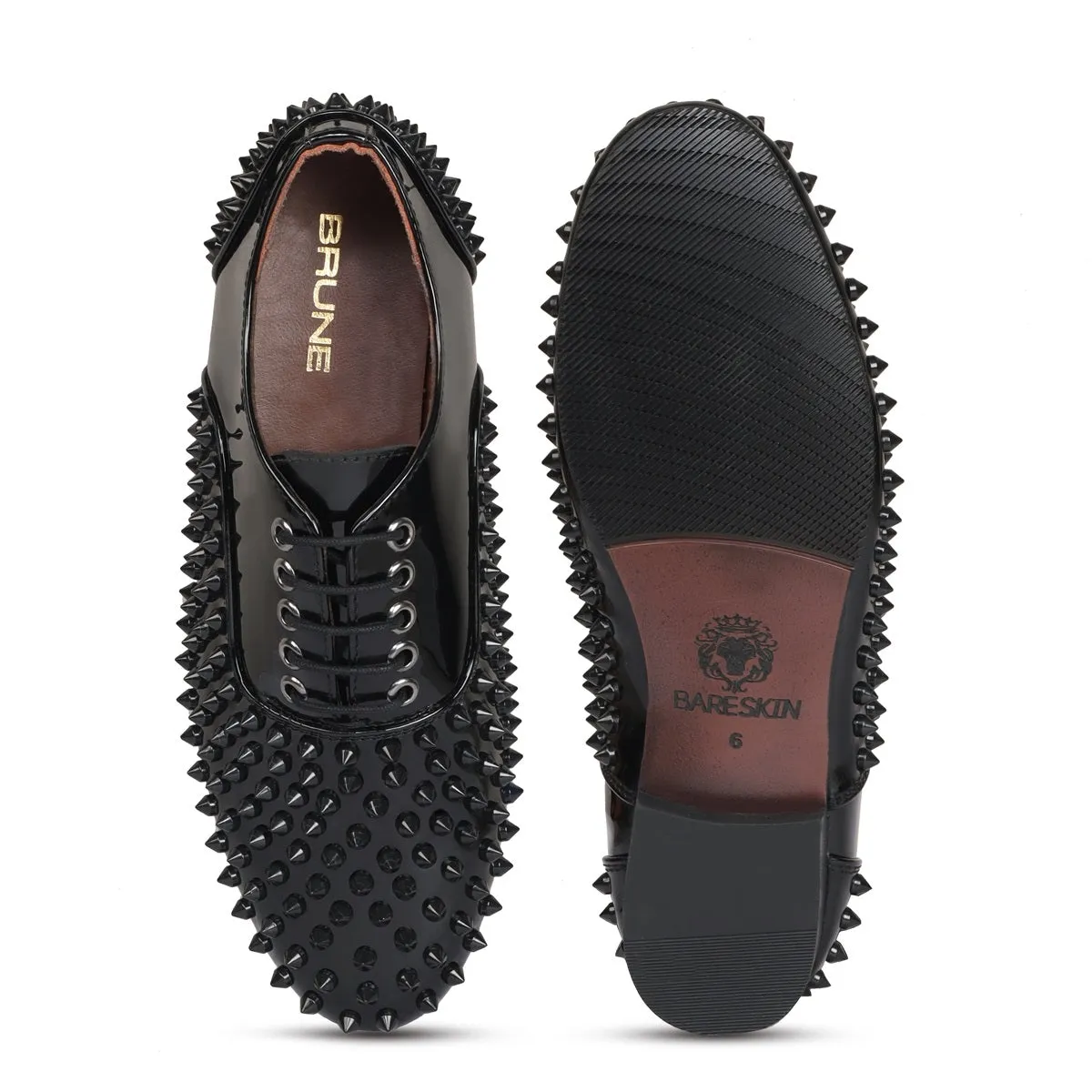 Toe And Counter Black Studded Patent Oxford Leather Lace-Up's Shoes For Men by Brune & Bareskin