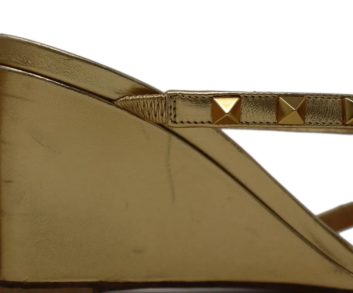 Valentino Gold Leather Studded Wedges sz 8.5